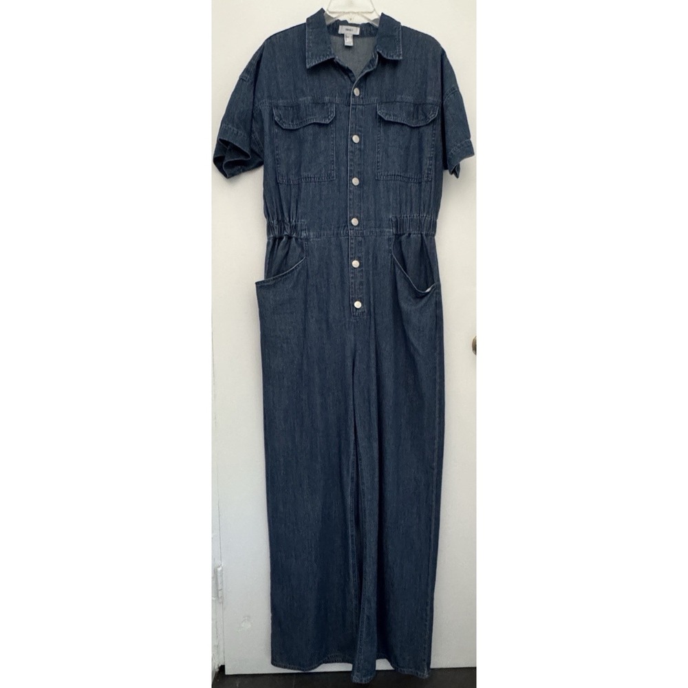 FOREVER Jumpsuit Womens L Blue Denim Button Up Straight Wide Leg Short Sleeve